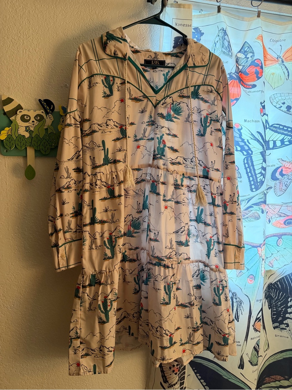 L&B Cream Desert Cactus Long Sleeve Tiered Dress